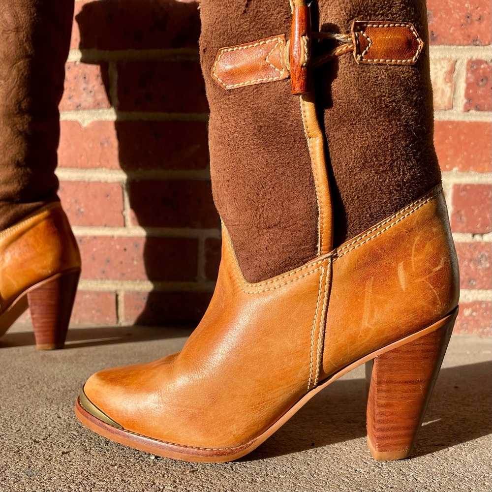 Vintage Brown Suede Cream Sherpa Lined Calf Height Heeled Boots Size 6.5 D - Picture 8 of 16